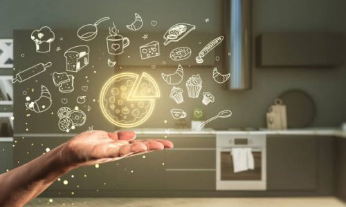 Close up of male hand holding creative glowing digital food sketch on blurry kitchen backgroound. Online food delivery concept