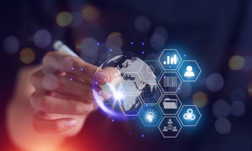 Technology in daily life concept Trading service database connection management on the Internet network around the world , online business , online products, marketing mechanisms marketing mechanism.